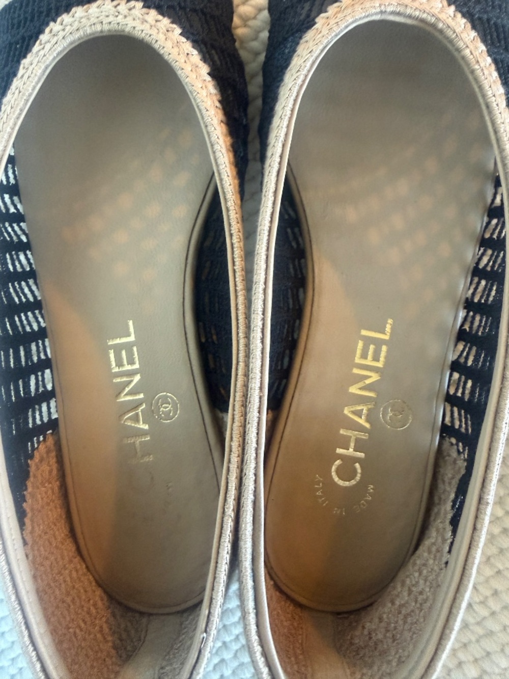 Chanel Raffia Crochet CC Cap Toe Ballet Flats Beige Black Size 36 w/ Box,Receipt - Picture 7 of 7